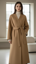 Camel kimono-style coat with belt from Lumina Wear, featuring a relaxed fit and elegant design, shown on a model.
