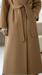 Camel kimono-style coat with belt from Lumina Vancouver, featuring relaxed fit and lightweight fabric.