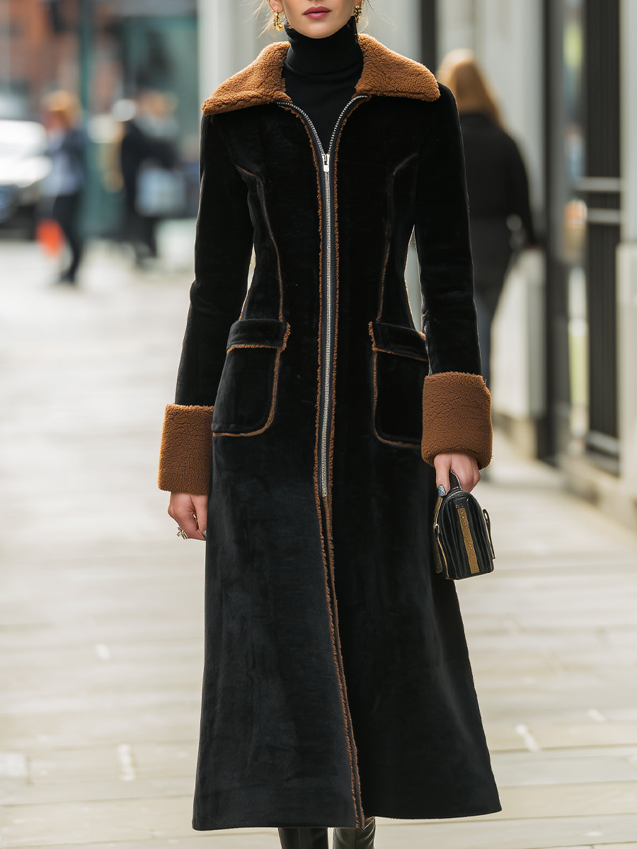 Elena | Long Plush Coat with Elegant Contrast Trim - Lumina - Lumina Vancouver