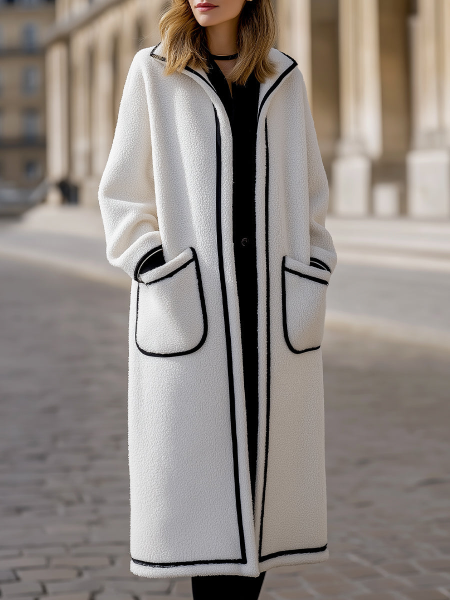 Longline Harlow coat in contrast piped wool-blend fabric by Lumina Vancouver, shown in white with XS size.