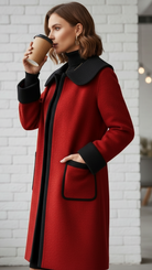 Red Elena longline coat with contrast trim by Lumina Vancouver, featuring a stylish tailored fit and sleek design.