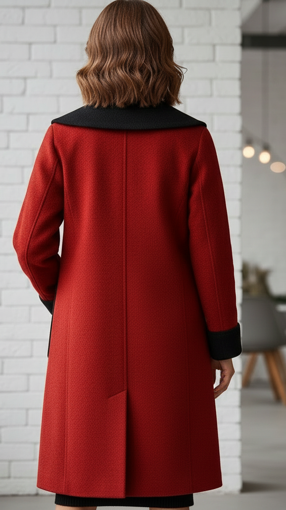 Red Elena longline coat with contrast trim by Lumina Vancouver, featuring a tailored fit and stylish design for cold weather.