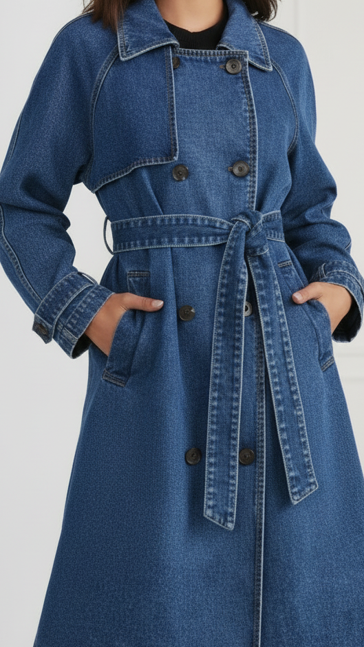 Blue Elena longline denim trench coat with belt by Lumina Vancouver, featuring a stylish, fitted silhouette and classic collar.