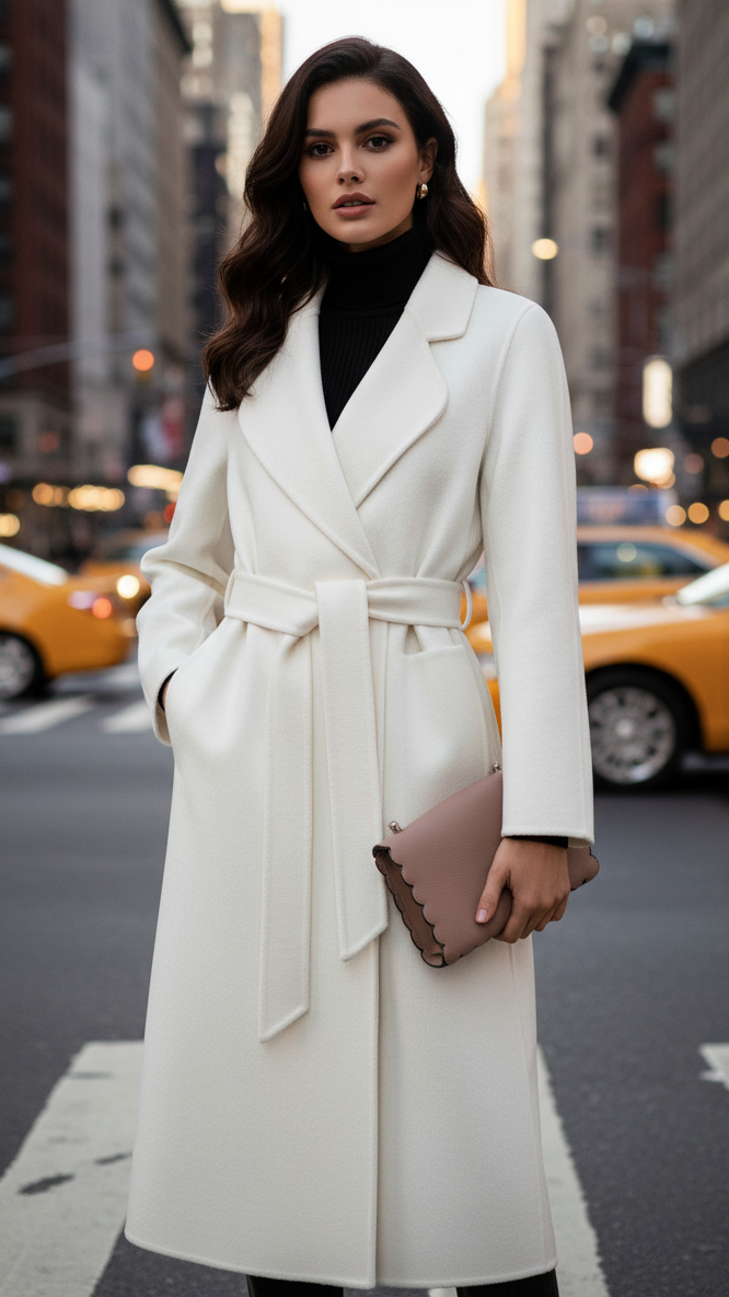 Lumina Vancouver Elena Luxe classic belted wrap coat in white, shown in XS size on a model. Stylish winter outerwear.