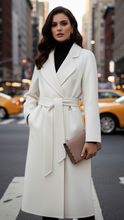 Lumina Wear Elena Luxe belted wrap coat in white, stylish classic coat with a belt, perfect for elegant winter wear.