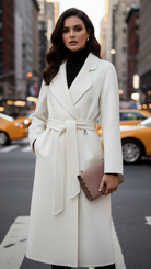 Lumina Vancouver Elena Luxe classic belted wrap coat in white, shown in XS size on a model. Stylish winter outerwear.