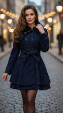 Navy blue Elena Luxe double-breasted faux fur collar coat by Lumina Wear, shown on a model, stylish winter outerwear.