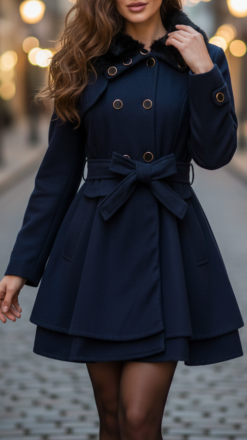 Navy blue Elena Luxe double-breasted faux fur collar coat by Lumina Vancouver, XS size, stylish winter outerwear.