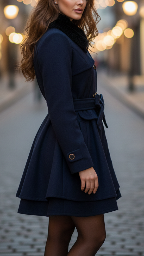 Navy blue Elena Luxe double-breasted faux fur collar coat by Lumina Vancouver, stylish winter outerwear for women.