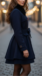 Navy blue Elena Luxe double-breasted faux fur collar coat by Lumina Vancouver, stylish winter outerwear for women.