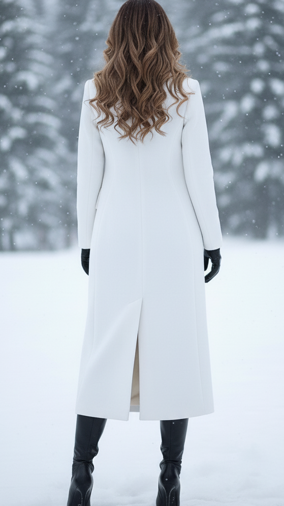 Lumina Vancouver Elena Luxe double-breasted longline coat in white, showcasing a stylish, tailored design with a smooth finish.