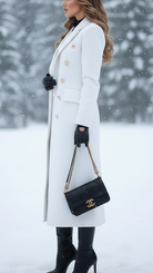Lumina Vancouver Elena Luxe double-breasted longline coat in white, featuring a tailored fit and elegant design.
