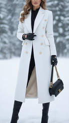 Lumina Vancouver Elena Luxe double-breasted longline coat in white, stylish and elegant with a tailored fit, worn over a casual outfit.