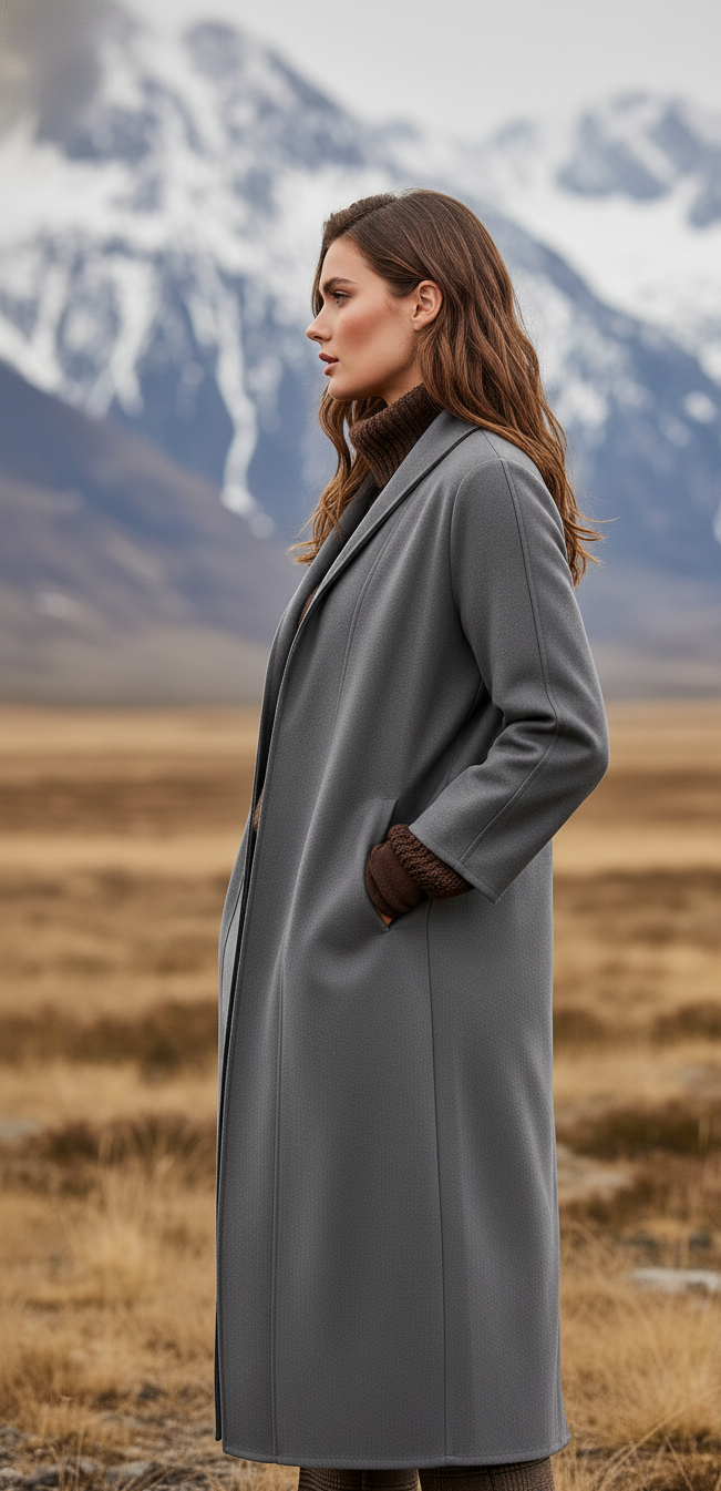 Taupe Elena Nordic minimalist high-collar longline coat by Lumina Vancouver, shown on a model with sleek design and modern style.