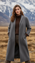 Taupe Elena Nordic minimalist high-collar longline coat by Lumina Wear, shown on a model in Vancouver.