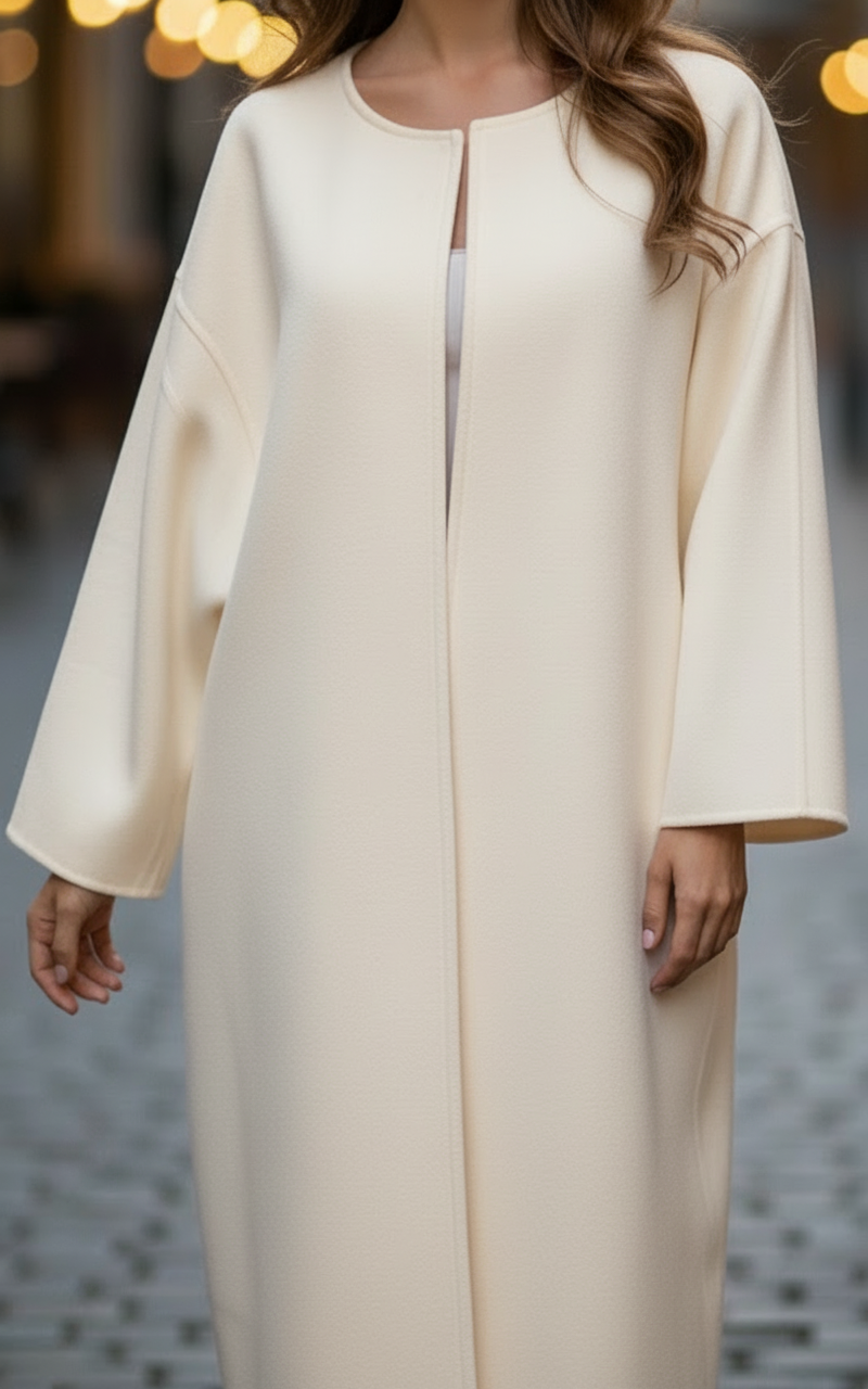 White Elena oversized longline coat by Lumina Vancouver, featuring a relaxed fit and stylish longline silhouette.
