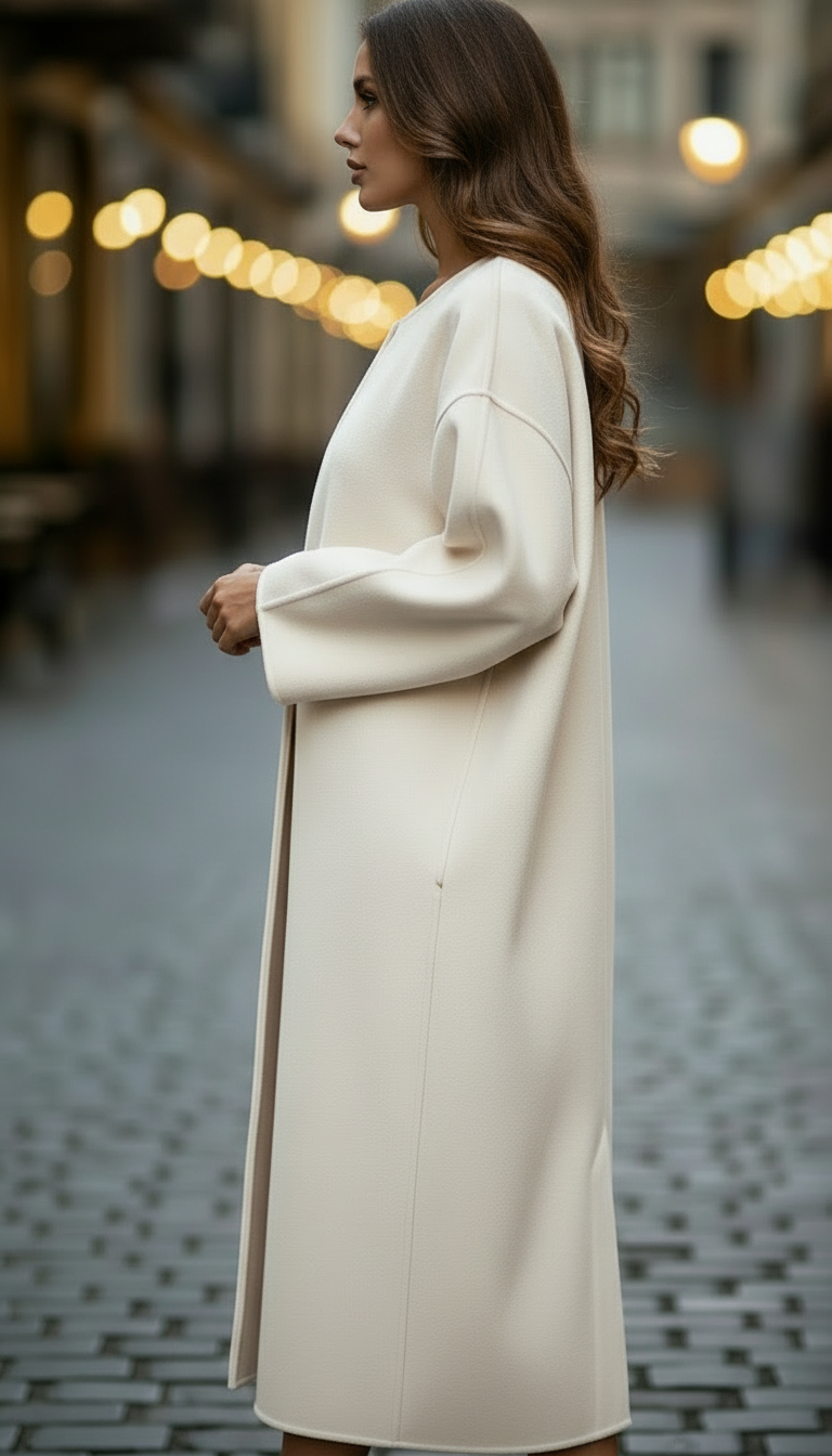 White Elena oversized longline coat by Lumina Vancouver, featuring a relaxed fit and stylish design, front view.