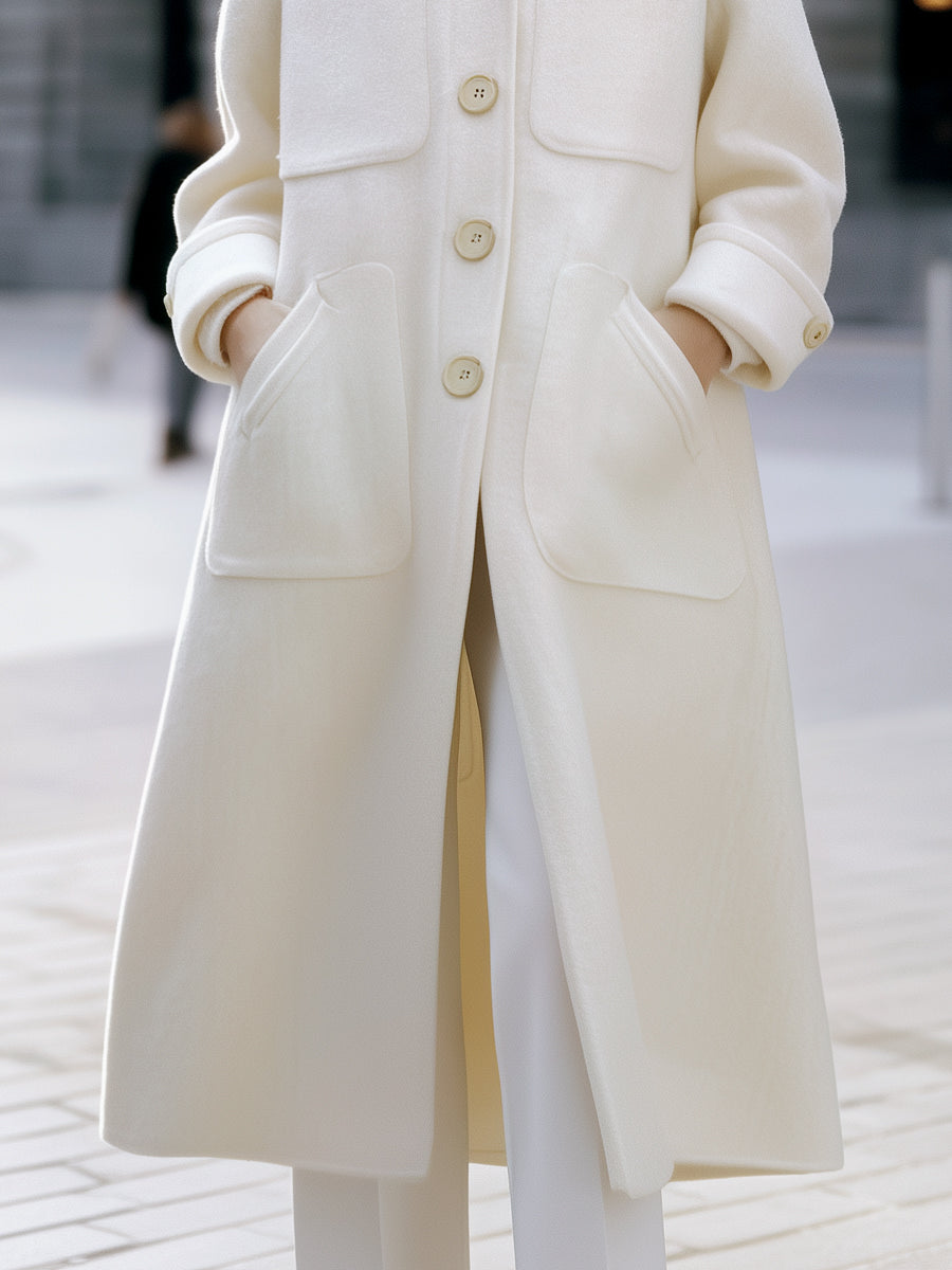 White Estelle oversized pocket coat by Lumina Vancouver, featuring a relaxed fit and large front pockets.