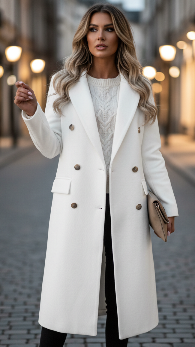 Lumina Vancouver Elena Prestige longline double-breasted white coat, XS size, stylish and warm outerwear for cold weather.