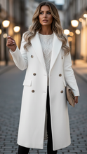 Lumina Wear Elena Prestige longline double-breasted coat in white, stylish outerwear with a tailored fit and elegant design.