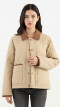 Beige quilted cropped coat with corduroy collar by Lumina Wear, featuring a stylish and cozy design perfect for casual wear.