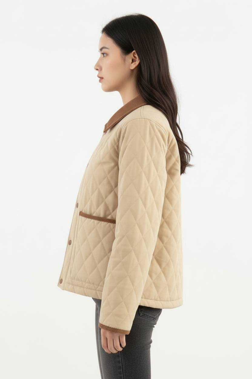 Beige quilted cropped jacket with corduroy collar from Lumina Vancouver, featuring a stylish, cozy coat design.