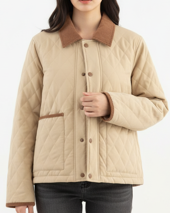 Beige quilted cropped coat with corduroy collar by Lumina Vancouver, featuring a stylish and cozy design.