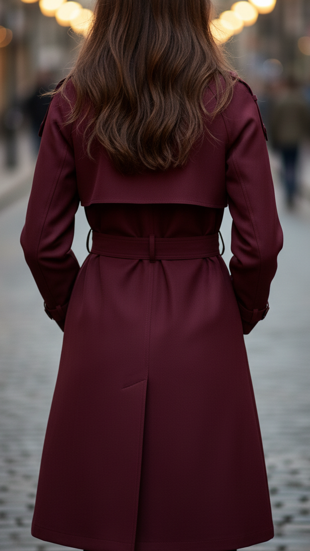 Lumina Vancouver Elena Rouge double-breasted belted trench coat in burgundy, showing front view with lapels and waist belt.