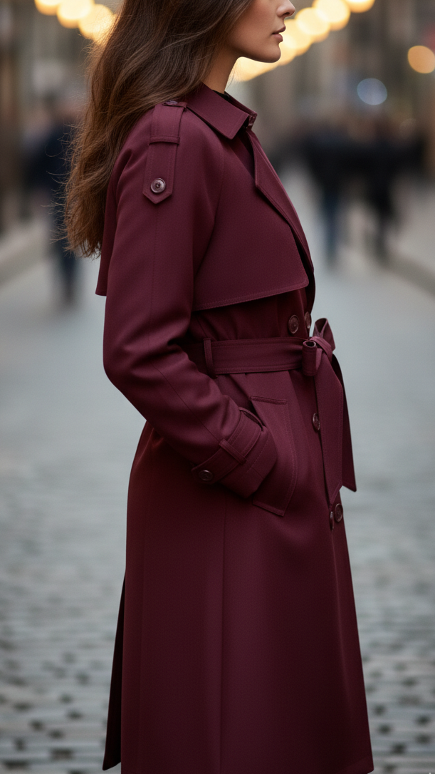Lumina Vancouver Elena Rouge double-breasted belted trench coat in burgundy, stylish and tailored for a polished look.