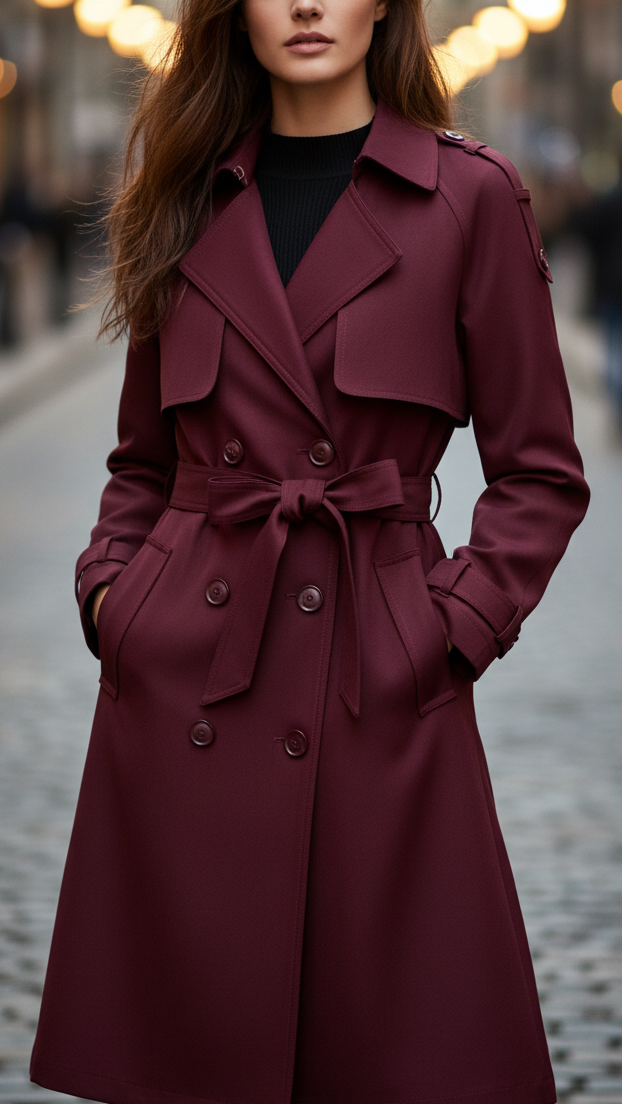 Lumina Vancouver Elena Rouge double-breasted belted trench coat in burgundy, stylish coat with lapels and waist belt.