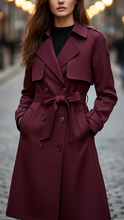 Lumina Wear Elena Rouge double-breasted belted trench coat in burgundy, stylish and tailored for a sophisticated look.