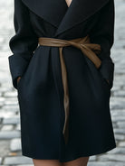 Black Elena Lumina Vancouver shawl-collar wrap coat with faux leather belt, XS size, stylish and cozy outerwear.
