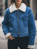 Blue Lumina Wear Elena sherpa-lined denim jacket with cozy interior, fitted style, and classic design for casual wear.