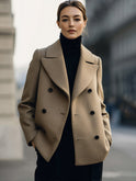Lumina Wear Elena short double-breasted camel coat, stylish jacket with classic design, shown in size XS.