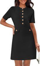 Black Toini short-sleeve A-line mini dress by Lumina Vancouver, shown on a model with a fitted silhouette and simple neckline.