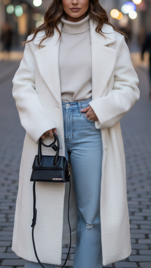 Odalys textured wool-blend double coat by Lumina Vancouver in white, shown on a model, featuring a stylish winter coat design.