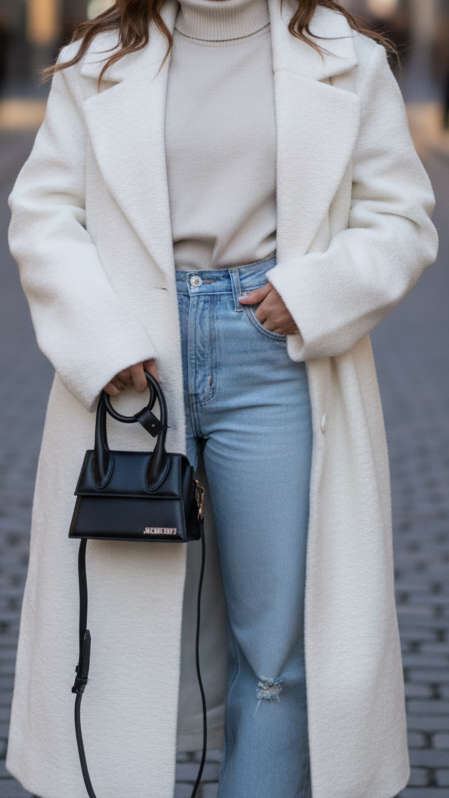 Odalys textured wool-blend double coat by Lumina Vancouver in white, shown on a model, featuring a cozy, stylish winter outerwear design.