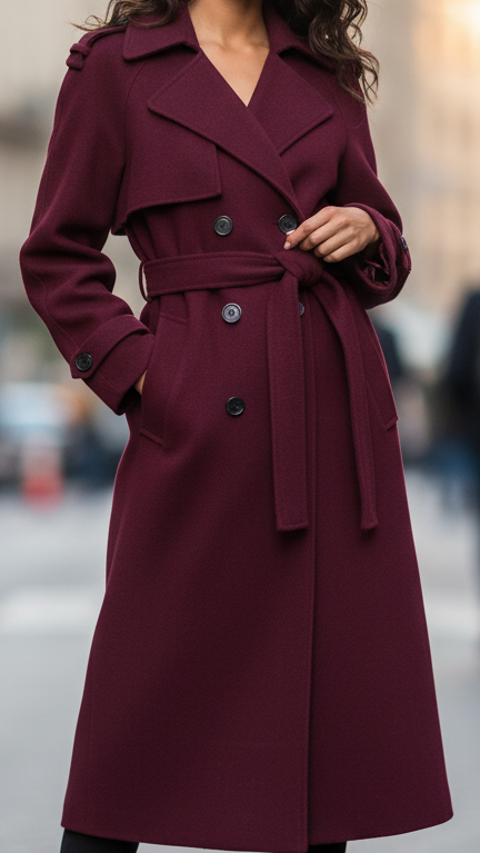 Structured burgundy trench coat for women, Lumina Elena with feminine fit and classic design in a vibrant burgundy color.