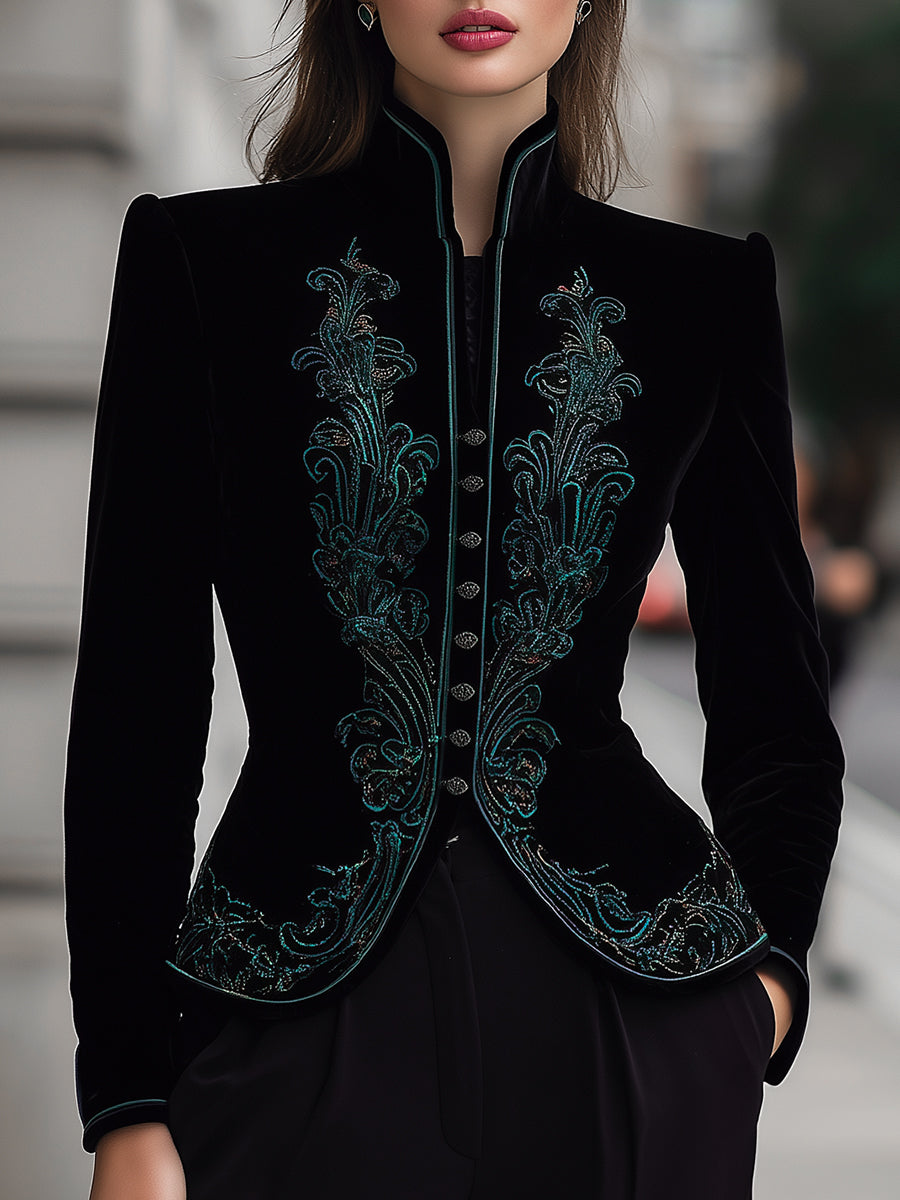 Black tailored blazer with buttons from Lumina Wear, shown on a mannequin, featuring structured fit and classic lapel design