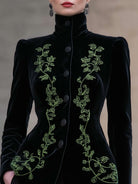 Black Bettina tailored blazer by Lumina Wear featuring high neck and velvet embroidery, shown on a model.