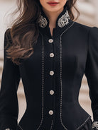 Black tailored blazer with ornate embroidery from Lumina Wear, featuring structured fit and intricate embroidery details.