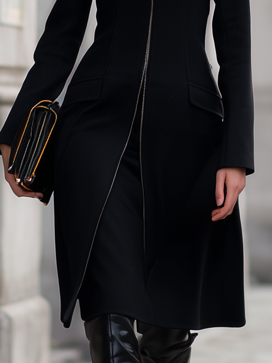 Black Hazel tailored zip-up coat by Lumina Vancouver, shown on a model with front zipper and sleek design.
