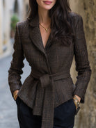 Brown textured blazer with belt from Lumina Wear, featuring a tailored fit and stylish design, shown on a model.