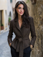 Brown textured blazer with belt by Lumina Wear, shown on a model, featuring a tailored fit and stylish design.