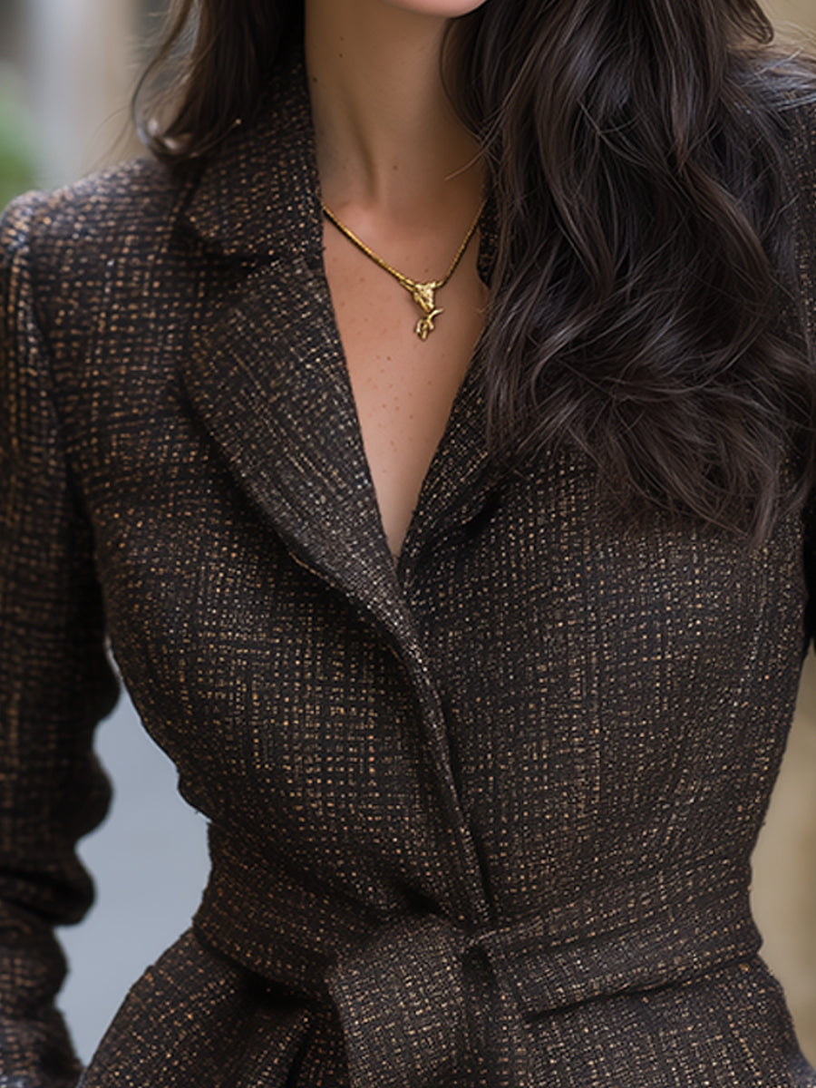 Brown textured blazer with belt by Lumina Wear, shown on a model, featuring a tailored fit and stylish design.