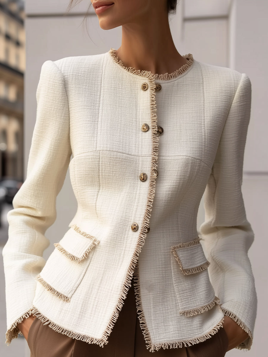 Cream textured blazer with decorative trim from Lumina Wear, shown on a model, size XS, stylish and tailored design.