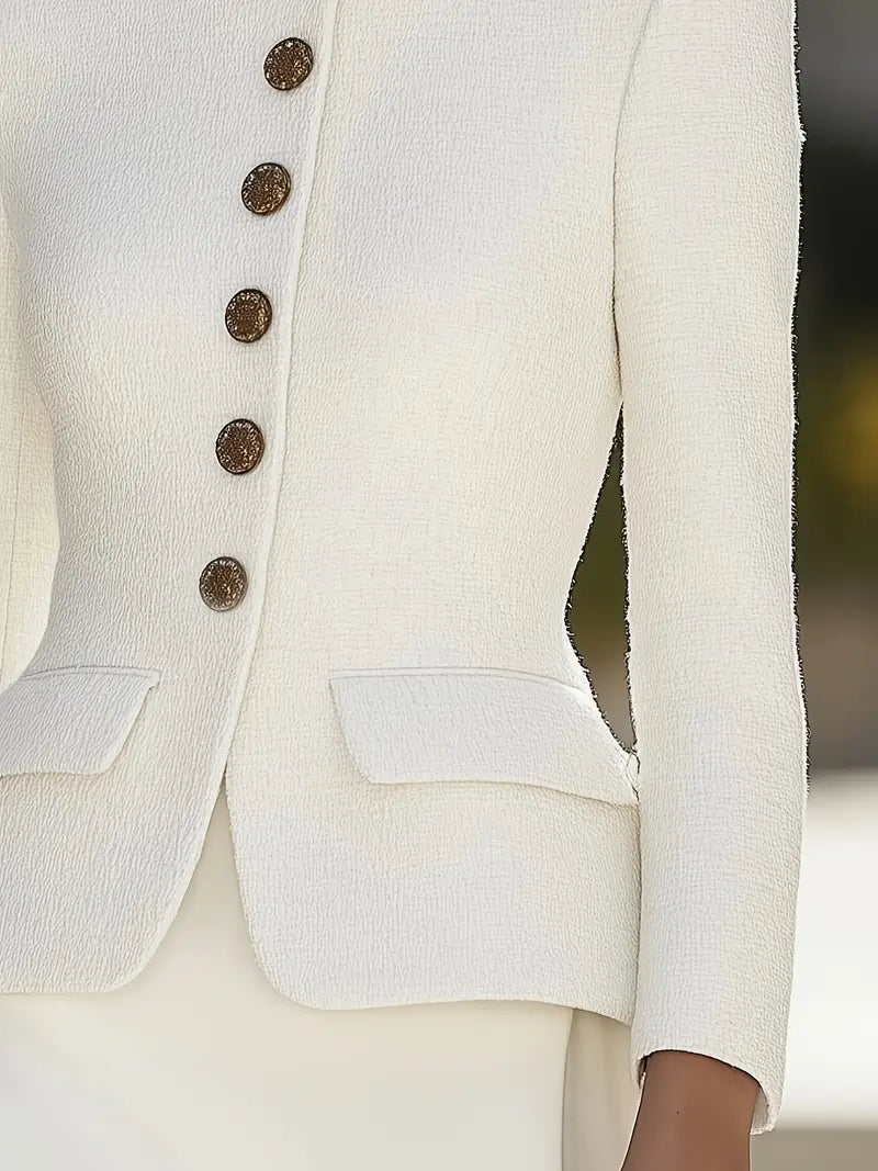 White textured blazer with stand collar and gold buttons from Lumina Vancouver, styled with a tailored fit and elegant details.