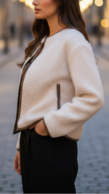 Beige Elena textured tie-front cropped coat by Lumina Vancouver, featuring a stylish design and lightweight fabric.