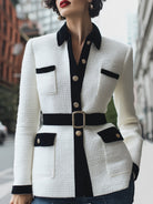 White tweed blazer with black velvet trim by Lumina Vancouver, styled with tailored fit and elegant detailing.