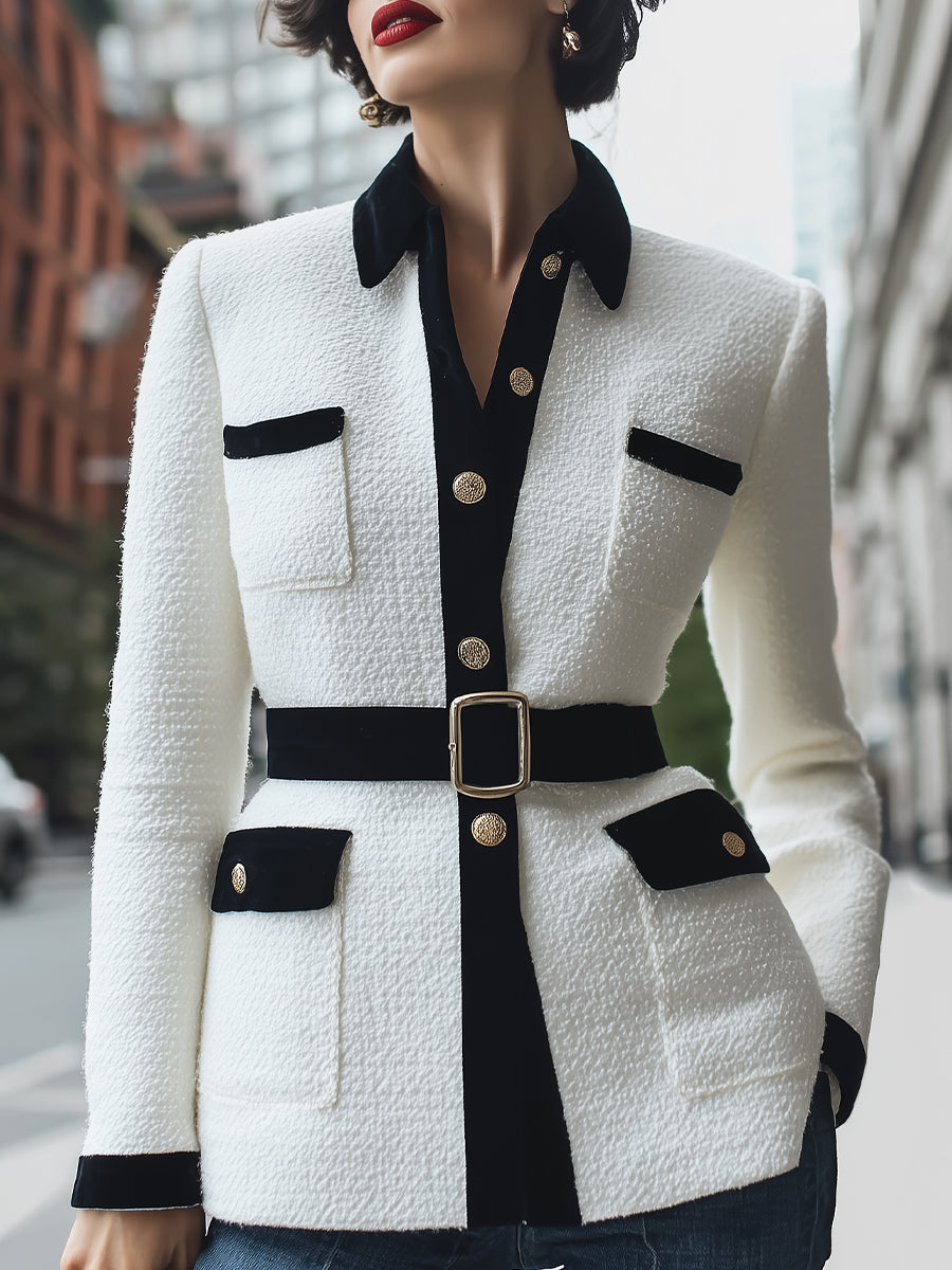 White tweed blazer with black velvet trim by Lumina Vancouver, styled with tailored fit and elegant detailing.